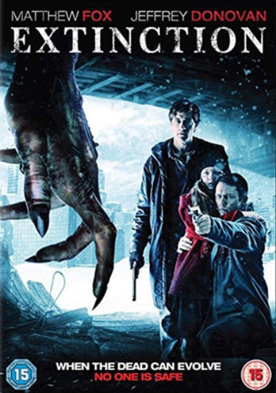DVD cover of 'Extinction' featuring two characters and a creature.
