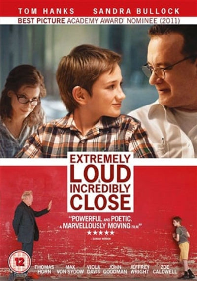 Movie poster for 'Extremely Loud & Incredibly Close' featuring Tom Hanks, Sandra Bullock, and a young boy.