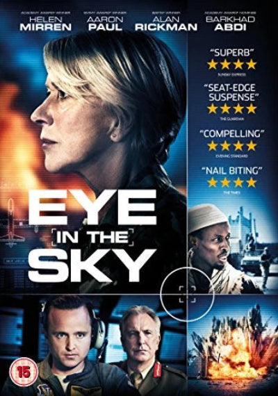 Movie poster for 'Eye in the Sky' featuring actors and critical acclaim ratings.