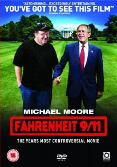 DVD cover of 'Fahrenheit 9/11' with two men shaking hands on a grassy field.