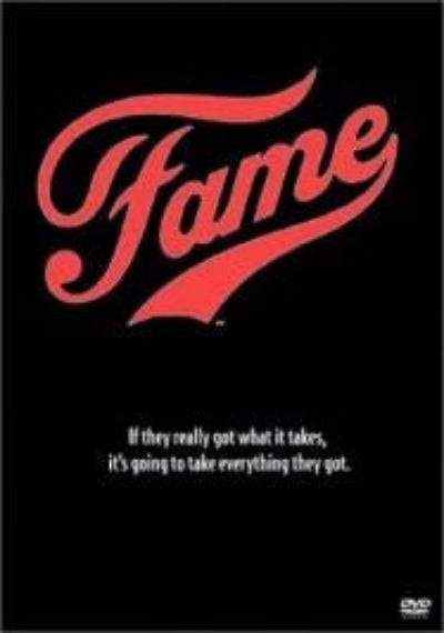 Poster with 'Fame' in red text on a black background