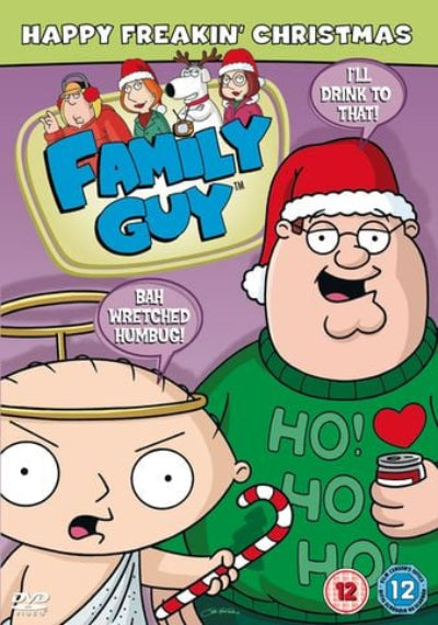 DVD cover of 'Family Guy' with characters wearing Christmas-themed clothing and text.