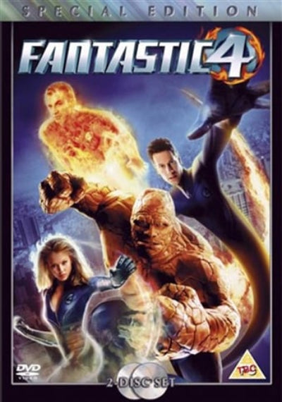 DVD cover of 'Fantastic Four' with superhero characters and cityscape background