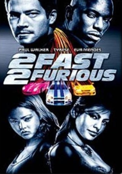 Movie poster for '2 Fast 2 Furious' featuring four individuals and a car.