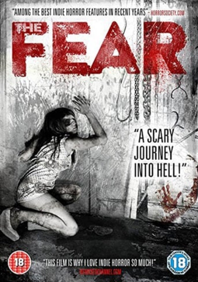 Movie poster for 'The Fear' with a woman in distress and text about the film's horror genre.