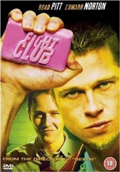 Movie poster for 'Fight Club' featuring a hand holding a pink bar with 'Fight Club' text.