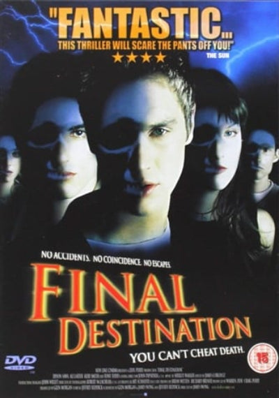 Movie poster for 'Final Destination' with dramatic lighting and text.