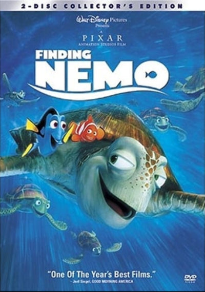 DVD cover of 'Finding Nemo' with a turtle and fish underwater.