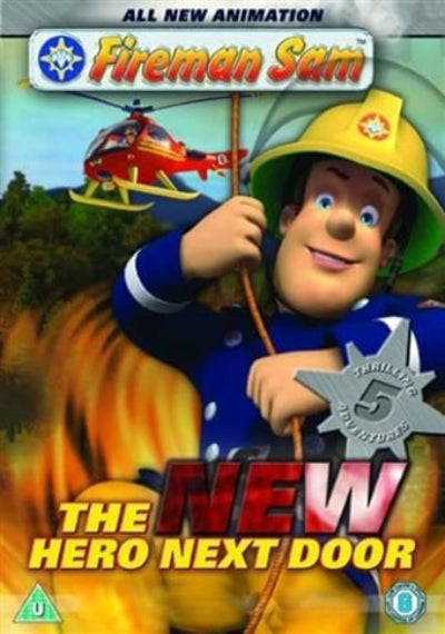 Animated character from 'Fireman Sam' with a helicopter and flames in the background