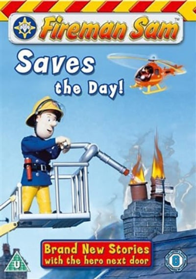 Fireman Sam DVD cover with a firefighter character and helicopter on a blue background