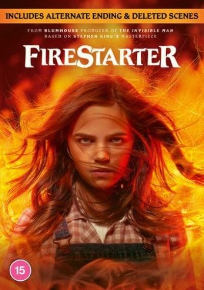 Movie poster for 'Firestarter' with a person in front of flames and text about alternate endings and deleted scenes.