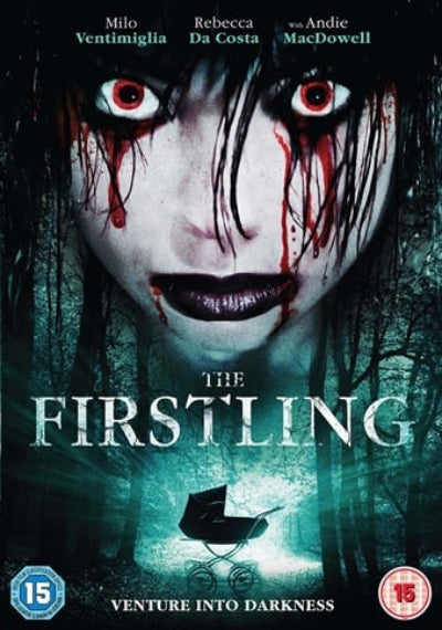 Movie poster for 'The Firstling' with a dark forest background and a face with blood around the eyes.