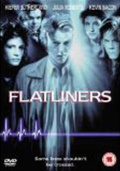 DVD cover of 'Flatliners' with characters and a heart rate monitor symbol.