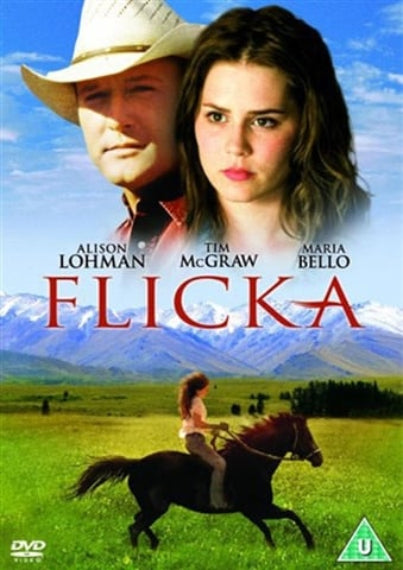Movie poster for 'Flicka' featuring a man, woman, and horse with mountains in the background.