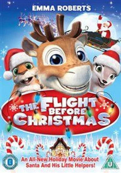 DVD cover of 'The Flight Before Christmas' featuring animated reindeer and Santa Claus.