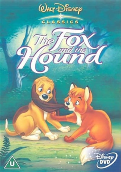 DVD cover of 'The Fox and the Hound' featuring two animated dogs in a forest setting.