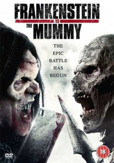 Movie poster for 'Frankenstein vs. The Mummy' featuring two monstrous faces facing each other with text about an epic battle.