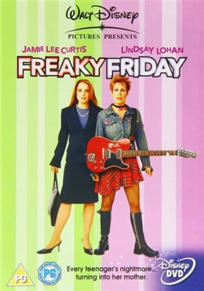 Poster for 'Freaky Friday' featuring two women and a guitar against a striped background.