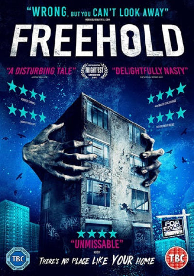 Movie poster for 'Freehold' with hands holding a building against a blue background.