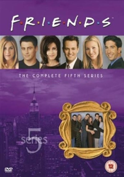 DVD cover of 'Friends' fifth series with character portraits and cityscape
