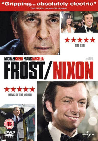 DVD cover of 'Frost/Nixon' featuring images of Michael Sheen and Frank Langella with critical acclaim text.