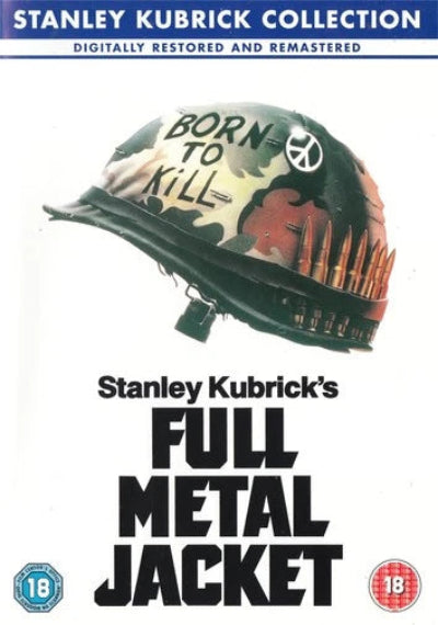 DVD cover of 'Full Metal Jacket' with a helmet and text, Stanley Kubrick Collection branding.