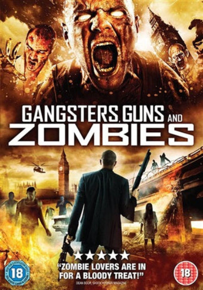 Movie poster for 'Gangsters, Guns and Zombies' with a man in a suit and zombies in the background.