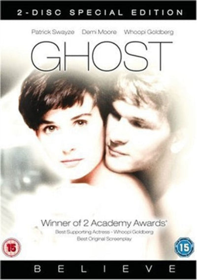 DVD cover of 'Ghost' with two characters embracing, featuring Patrick Swayze and Demi Moore.