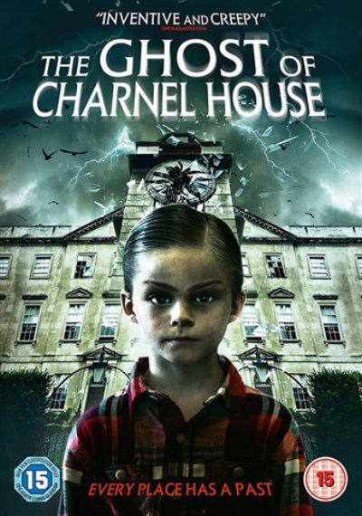 Movie poster for 'The Ghost of Charnel House' featuring a young girl in front of an old building with a clock tower.