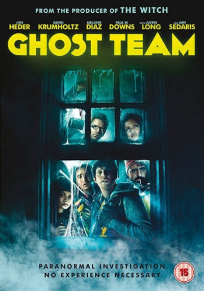 Movie poster for 'Ghost Team' with a dark background and window scene.