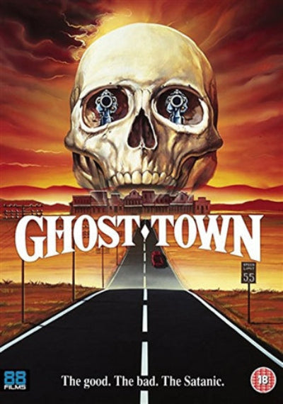 Movie poster for 'Ghost Town' with a skull and road leading to a building.