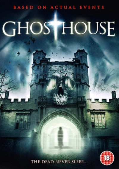 Movie poster for 'Ghosthouse' featuring a haunted castle with a ghostly figure.