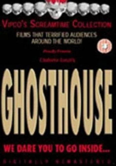 Vintage movie poster for 'Ghosthouse' with text and skull graphics.