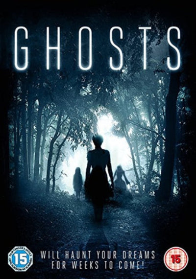 Movie poster with a silhouette of a person walking through a forest, with the title 'Ghosts' displayed.