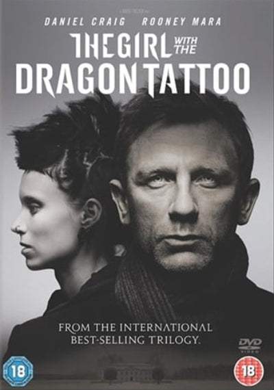 DVD cover of 'The Girl with the Dragon Tattoo' featuring two characters and text about the movie.