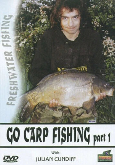 Man holding a large fish with text about carp fishing on a DVD cover.