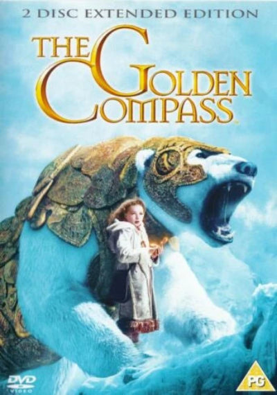Movie poster for 'The Golden Compass' with a bear and person in a snowy landscape