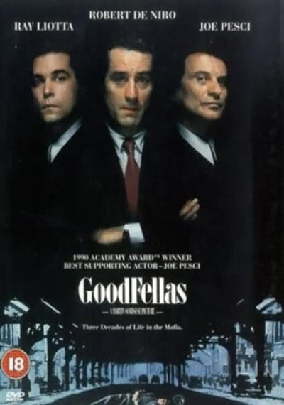 Movie poster for 'GoodFellas' featuring three men in suits with text about the film.
