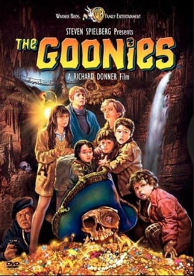 Movie poster for 'The Goonies' featuring the main characters and a skull with treasure.