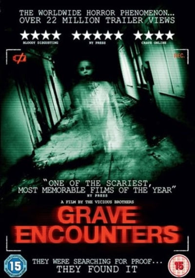 Movie poster for 'Grave Encounters' with a ghostly figure in a hallway.