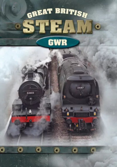 Promotional poster for 'Great British Steam GWR' featuring two steam locomotives on a gray background.