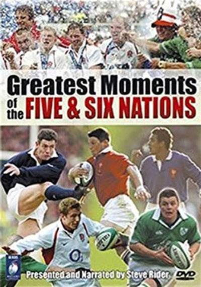 DVD cover for 'Greatest Moments of the Five & Six Nations' featuring rugby players in action.