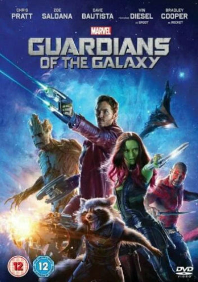 DVD cover of 'Guardians of the Galaxy' featuring characters and space-themed background.