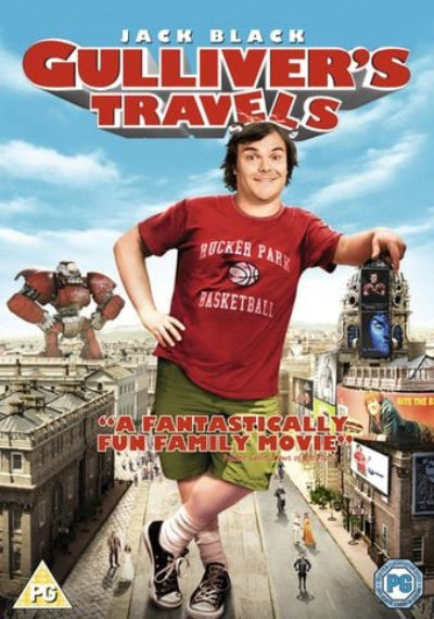 Movie poster for 'Gulliver's Travels' featuring Jack Black on a city street.