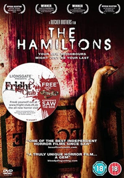 DVD cover of 'The Hamiltons' with horror movie references and promotional text.
