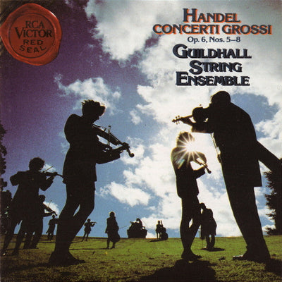 Album cover with silhouettes of musicians playing string instruments against a sky background, featuring the Guildhall String Ensemble and RCA Victor logo.