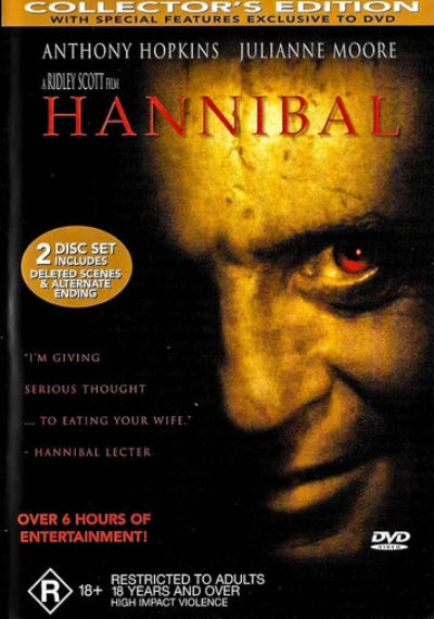 DVD cover of 'Hannibal' with Anthony Hopkins' face and promotional text.