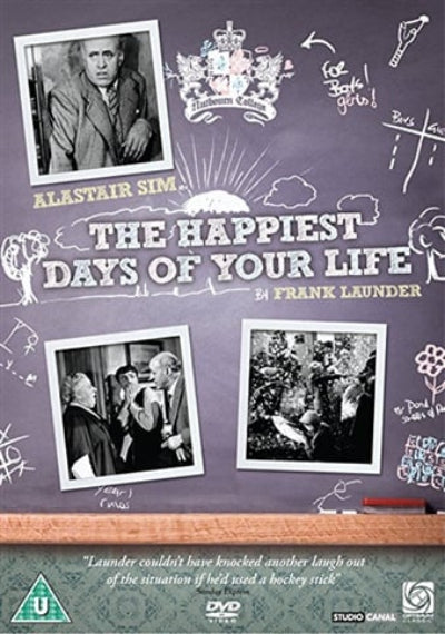 DVD cover of 'The Happiest Days of Your Life' with black and white photos and text on a purple background.