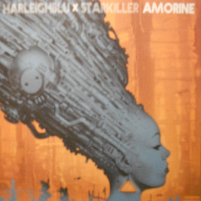 Album cover with a stylized portrait of a woman's head and mechanical elements on an orange background, featuring the text 'Harleigh Blu x Starkiller Amorine'.