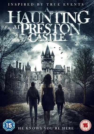 Movie poster for 'A Haunting at Preston Castle' with three people walking towards a castle.